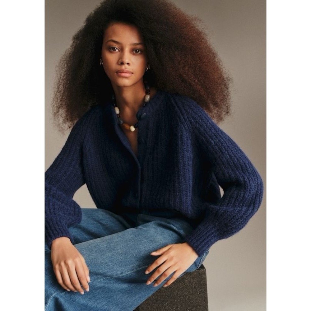 La Maille Sezane Emile Cardigan Navy Sz M Alpaca Wool Quiet Luxury Preppy $175